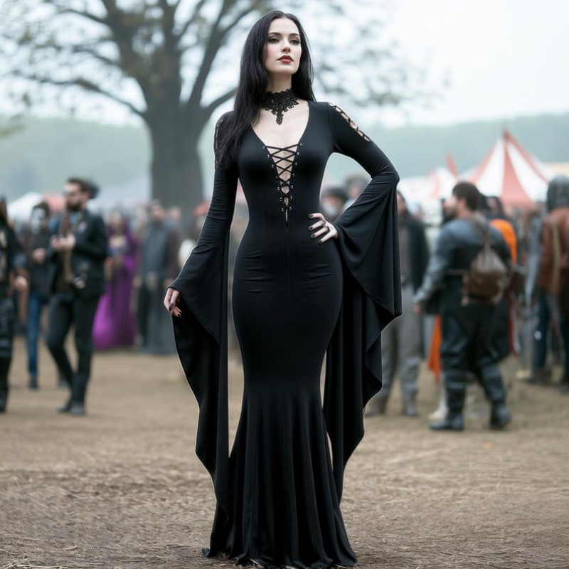 Medieval Renaissance Dress Women - Medieval Gothic Witch Cosplay Black Dress